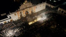 Processions During Holy Week In Front Of Cathedral At Night In Antigua, Guatemala. - aerial