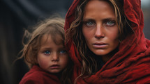 Middle Eastern woman with expressive eyes dressed in red holding her child close during war. Persecution concept
