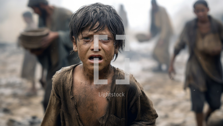 Desperate little boy coming out of the ruins after disaster. Social issues
