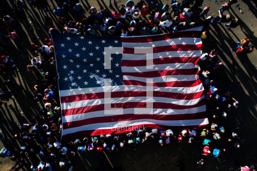AI Image. Top view on people holding USA flag