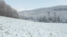 Drone flight in winter over snowy hills