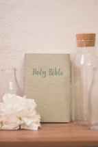 Holy Bible, flower, glass bottles, on a wood shelf 