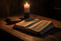 Holy Bible whit Candle on Natural Wood Table