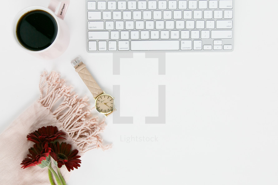 computer keyboard, border, desk, scarf, winter, pink, blush, red, gerber daisies, flowers, watch, home office, workspace, feminine, white background 