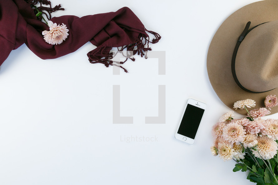 iphone, mums, chrysanthemums, pink, feminine, desk, table, white background, hat, scarf, maroon, pink, flowers
