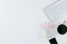 easter eggs, computer keyboard, iPhone, coffee mug, desk, white background, Easter, blogger