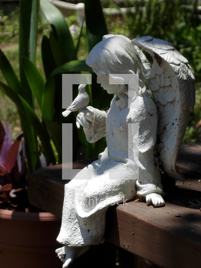 Feathered friends - A statue of a female angel and a little bird taking time to fellowship together in a garden.