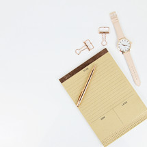 to do list, pen, candle, pink, gold, notepad, watch, pink, clips, white background 