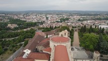 Convent of christ in tomar, portugal, with the cityscape in the background, aerial view