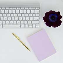 computer keyboard, gold pen, journal, flower, desk, white background, home office, blogger