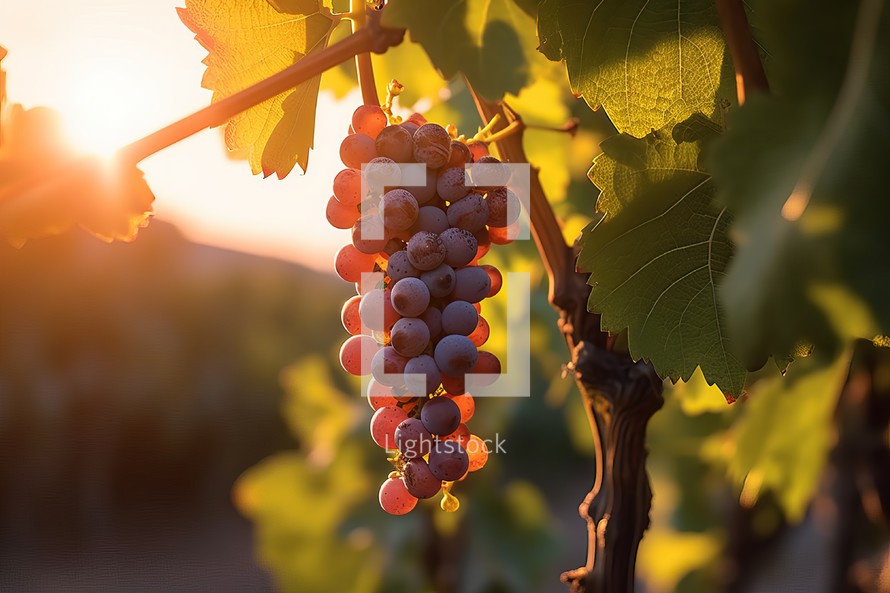Vine on Vineyard with Sunset Evening Background