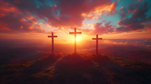 Three crosses on a hill at sunset with clouds on blue sky . Easter, resurrection, new life, redemption concept. 