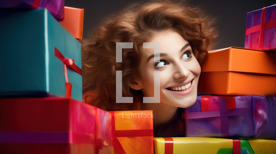 AI Generated Image. Playful woman hiding between colorful gift boxes