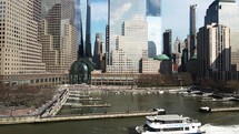 Cinematic view of downtown lower Manhattan, NY.