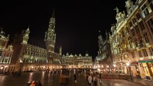Time Lapse of The Grand-Place Grote Markt Opulent Baroque Guildhalls, Flamboyant Town Hall, and neo-Gothic King's House at Night Brussels, Belgium