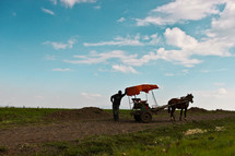 Man with horse and buggy on a dirt road.