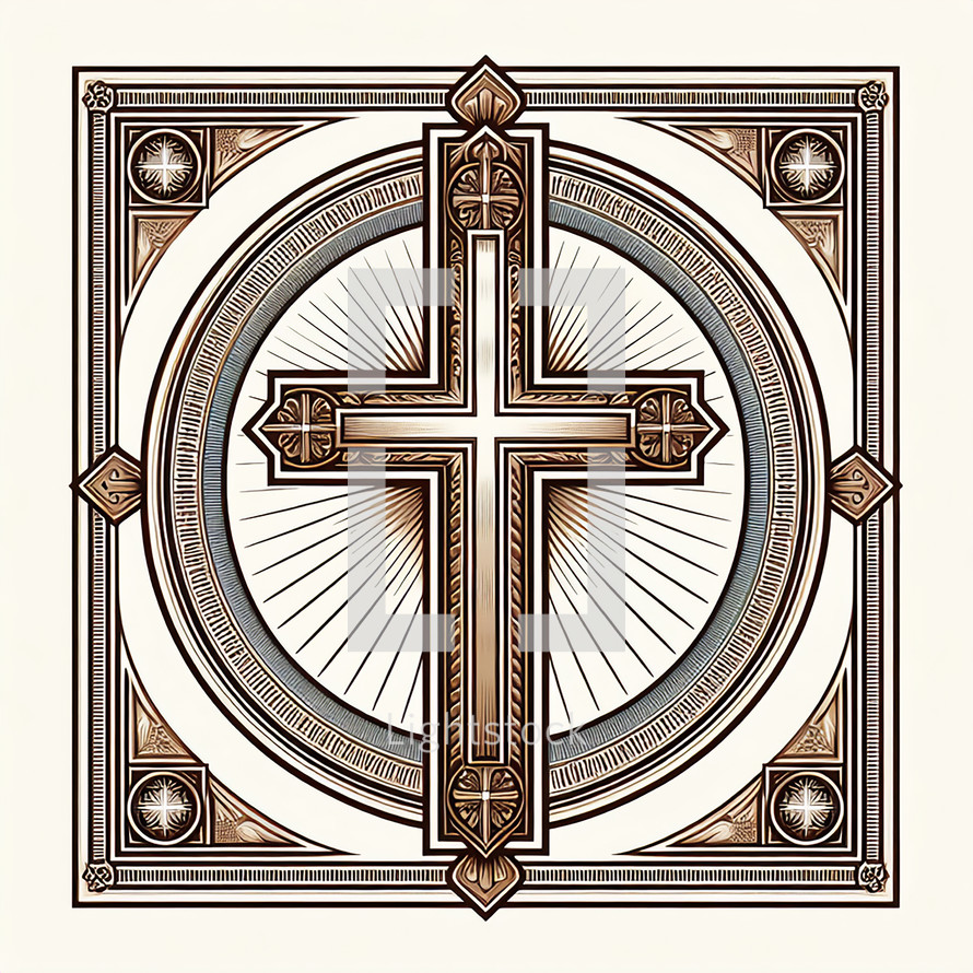 vintage style cross artwork in brown, tan, muted blue against a white background