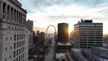 Drone footage of sunrise in downtown St. Louis, Missouri.