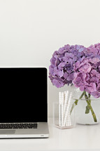 laptop computer and vase of hydrangeas 