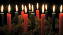 red, green, pine, garland, flames, Christmas, candles 
