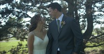 Happy couple, husband and wife, bride and groom kissing on wedding day.