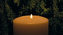 flickering flame on a candle and pine