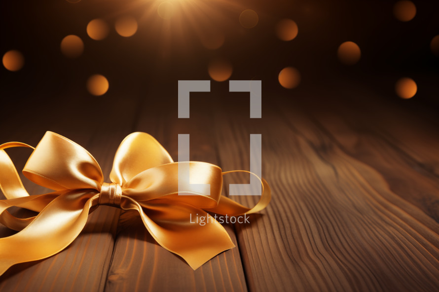 AI Generated Image. Golden ribbon bow on a wooden table