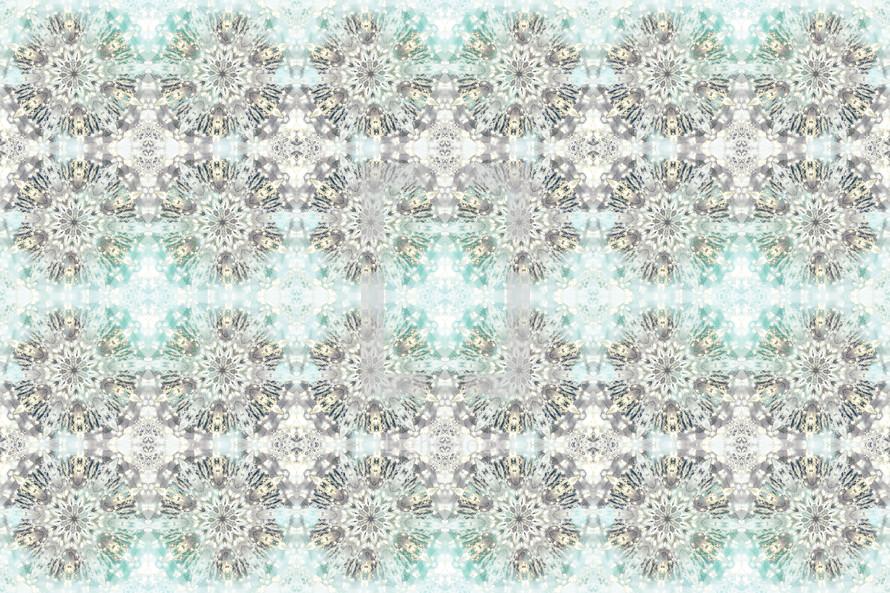 winter or Christmas pattern, kaleidoscope lens effect in turquoise white and gray