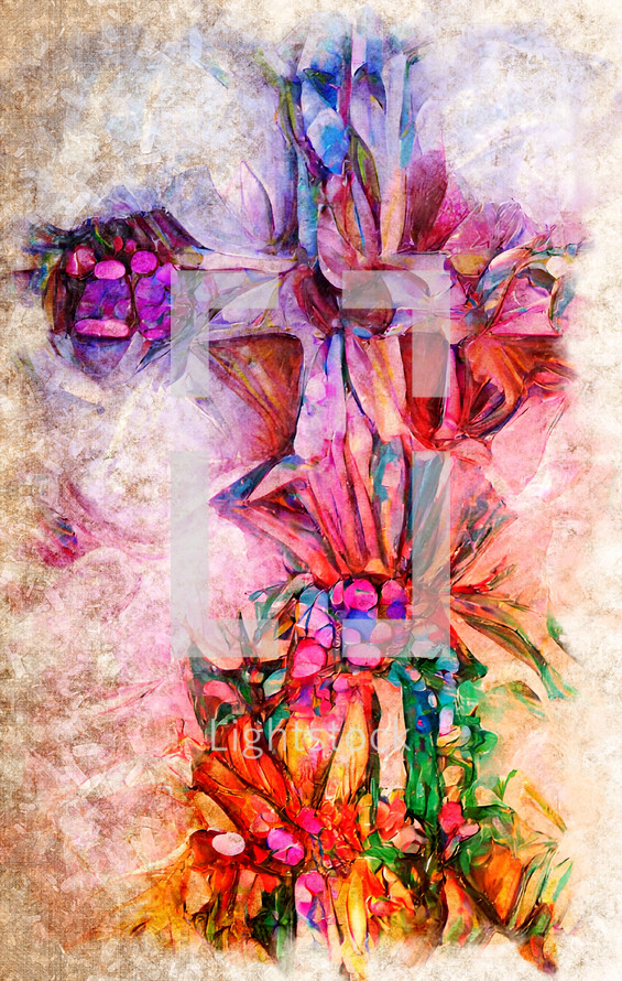 colorful, textural cross art, vertical design - combo of my cross artwork, AI input and further editing