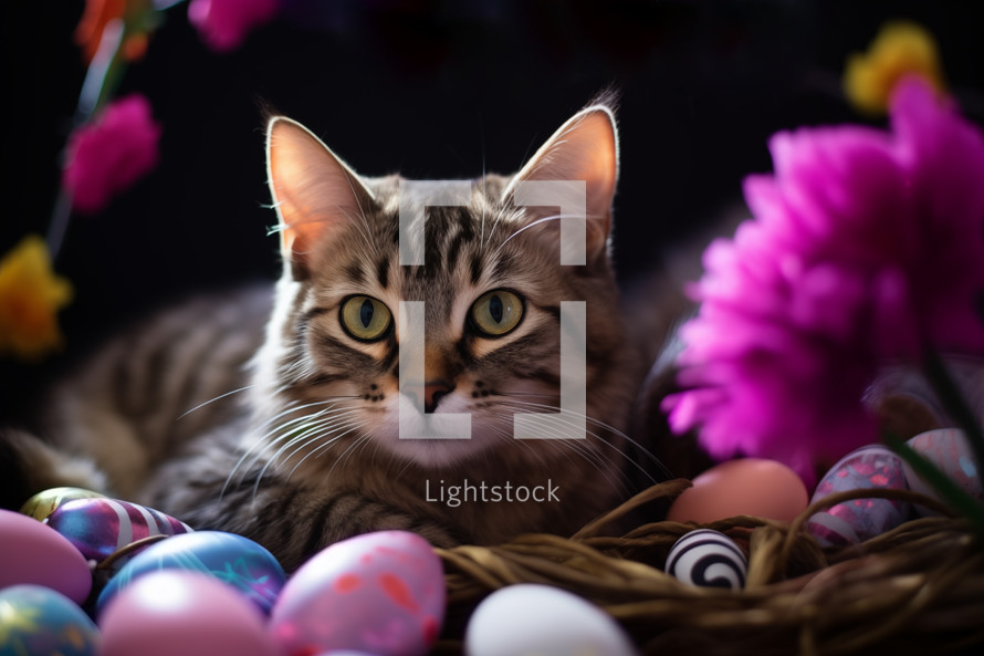 AI Generated Image. Cute cat surrounded by Easter eggs