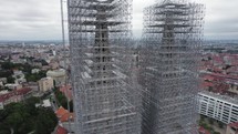 Cathedral of Zagreb: Towers under renovation, enveloped in scaffolding - Aerial Orbit