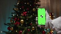 Santa Claus holding a smartphone in front of the tree , green screen