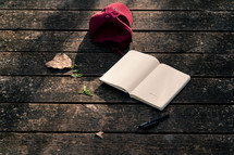 ball cap, open journal, and pen on a wood deck 