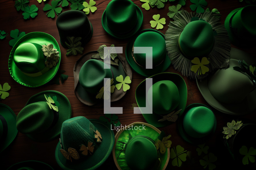 AI Generated Image. Top view on assorted St. Patrick’s Day hats