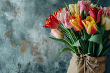 AI Generated Image. Bunch of tulip flowers in a sack for Mother’s Day
