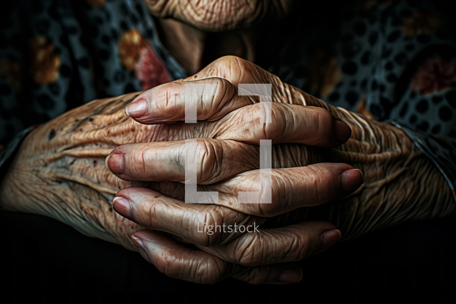 AI Generated Image. Close up wrinkled hands of the senior elderly woman