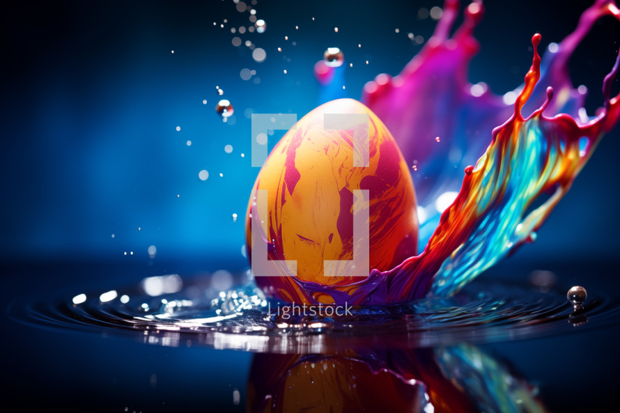 AI Generated Image. Easter egg splashing into the colorful paint