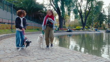 Two young women smiling and discussing something, walking with dogs around a pond with fountains in the park. Full shot
