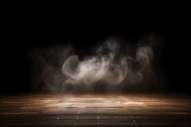Empty Wooden Floor with Smoke on Dark Room