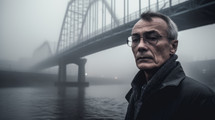 AI generated image. Man in a fog next to the river bridge and city