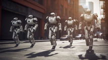 AI Generated Image. Group of alien robots walking on a city street