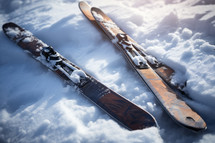 AI generative images. Skis abandoned on a snow in the mountains resort