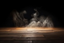 Empty Wooden Floor with Smoke on Dark Room