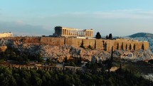 Drone Athens Greece Rising Shot at sunrise of ancient temple aerial