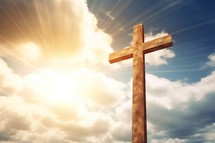 A Wooden Cross with Bright Sun Background