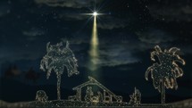 Bright Christmas Scene with twinkling stars and brighter star of Bethlehem. Seamless Loop of Nativity Christmas story under starry sky and moving wispy clouds.