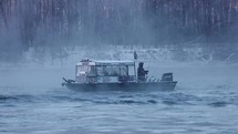 Fishing Boat Foggy Morning Winter River Fisherman Snow