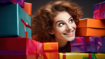 AI Generated Image. Playful woman hiding between colorful gift boxes