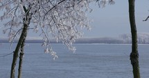 Vast Waterbody Of Danube River During Freezing Winter Season In Galati, Romania. Wide Shot	