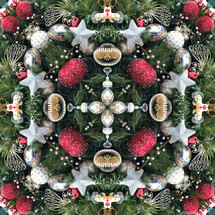 Christmas tree ornaments in symmetrical kaleidoscopic layout